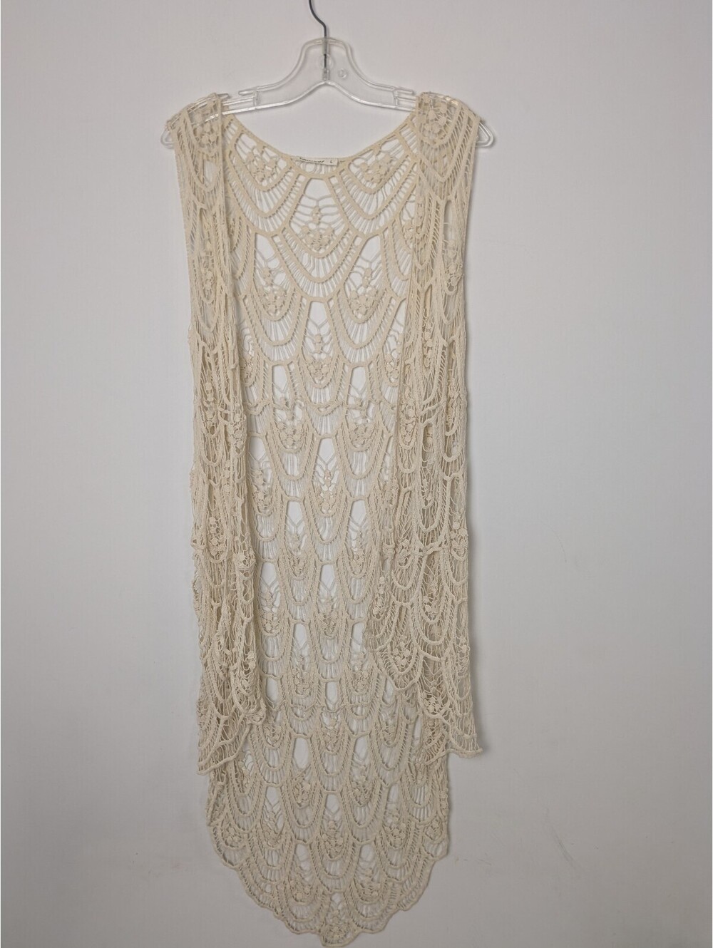 Breeze Ever Boho Cream Crochet Lace Sleeveless Duster Long Vest Cover Up Large